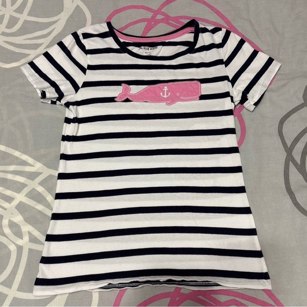 Little Blue House Black and White Striped Top With Pink Whale Design